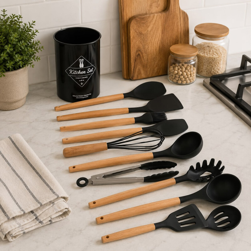 Utensilios para Cocina de Silicona y Mango de Madera 12 Piezas Negro