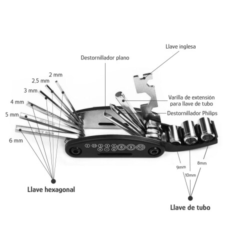 Set Herramientas P/Bicicleta Multitool Reparación Neumáticos Negro