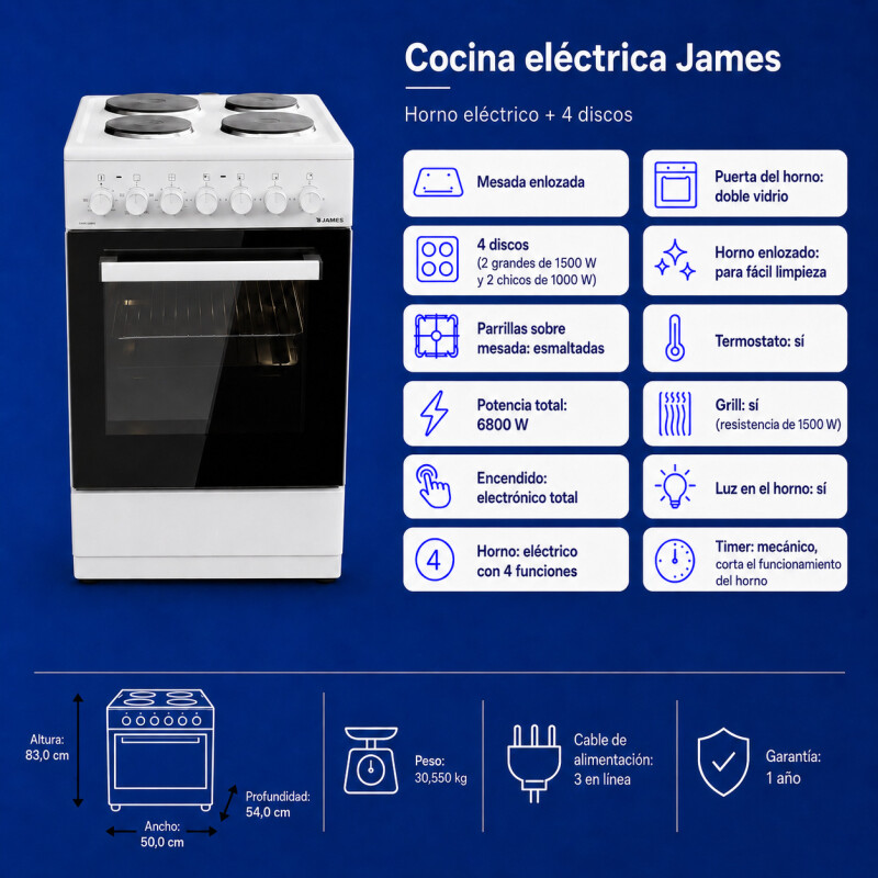 Cocina Electrica James 4 Discos Blanca C 801AR TKS Cocina Electrica James 4 Discos Blanca C 801AR TKS