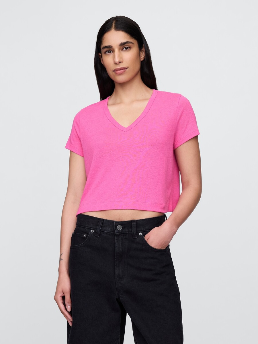 Remera Lino Crop Manga Corta Mujer - Phoebe Pink 
