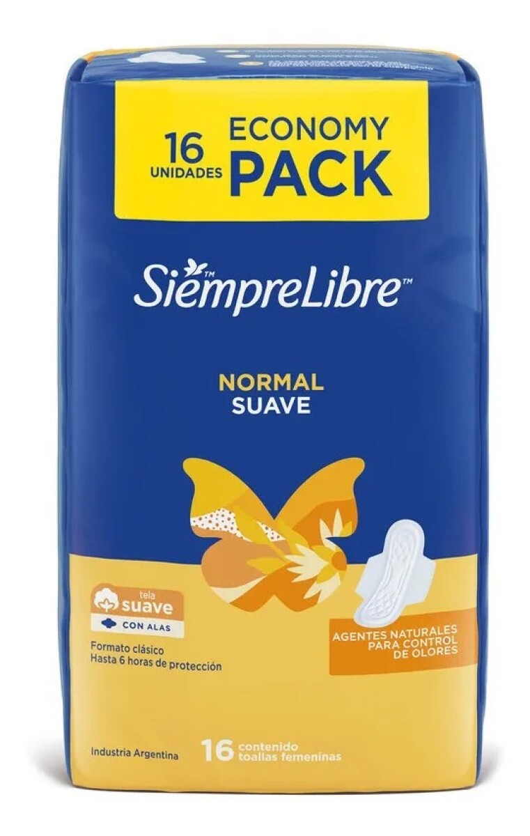 Toallas Femeninas Siempre Libre Normal Suave Con Alas X 16 Uni. 
