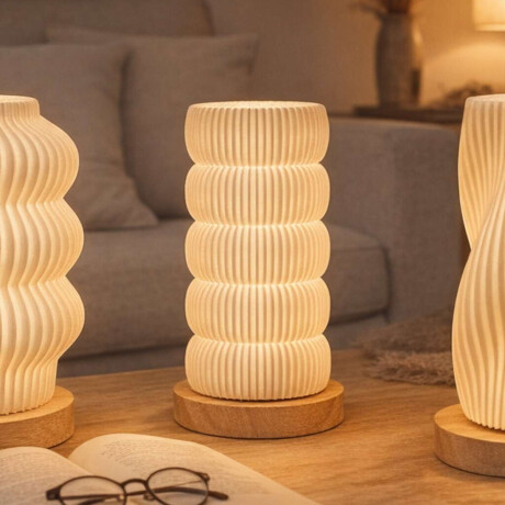 Lámpara veladora Anillos con base en madera - 12x22cm Blanco