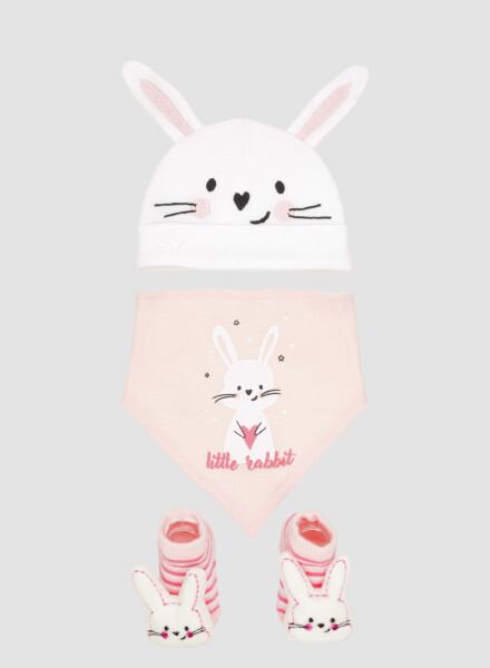 Pack gorro babero y medias conejo Rosado