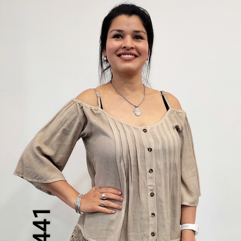 Blusa Da.M/C Lino C/Bot.C/Puntilla Beige