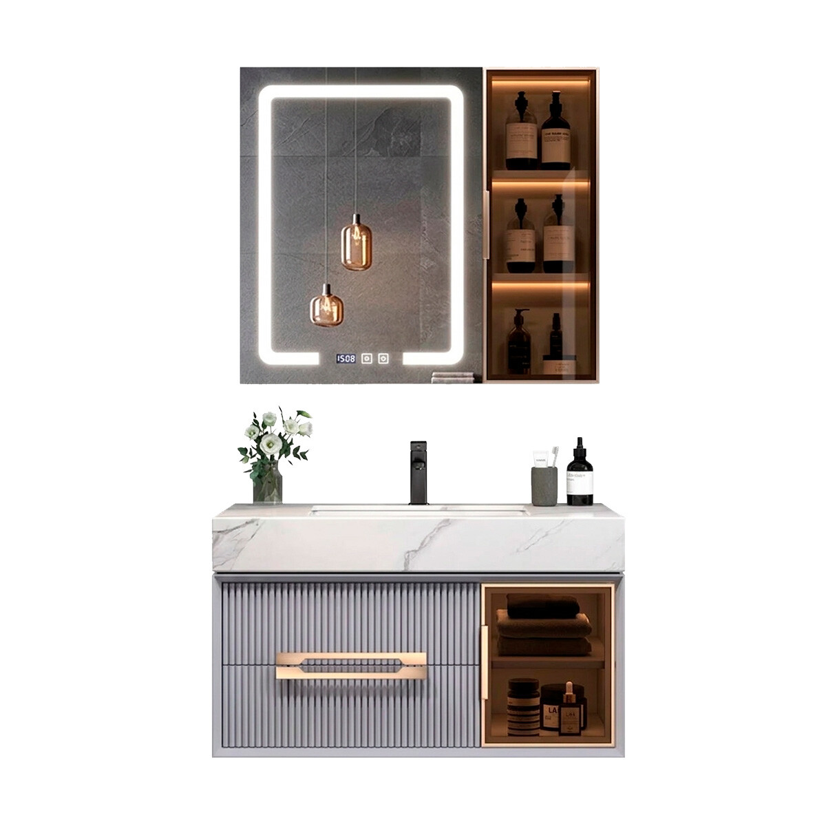 Conjunto De Baño Habitare Modelo Lt1126-60g / Mueble + Espejo C/ Luz Led - 60 Cm 