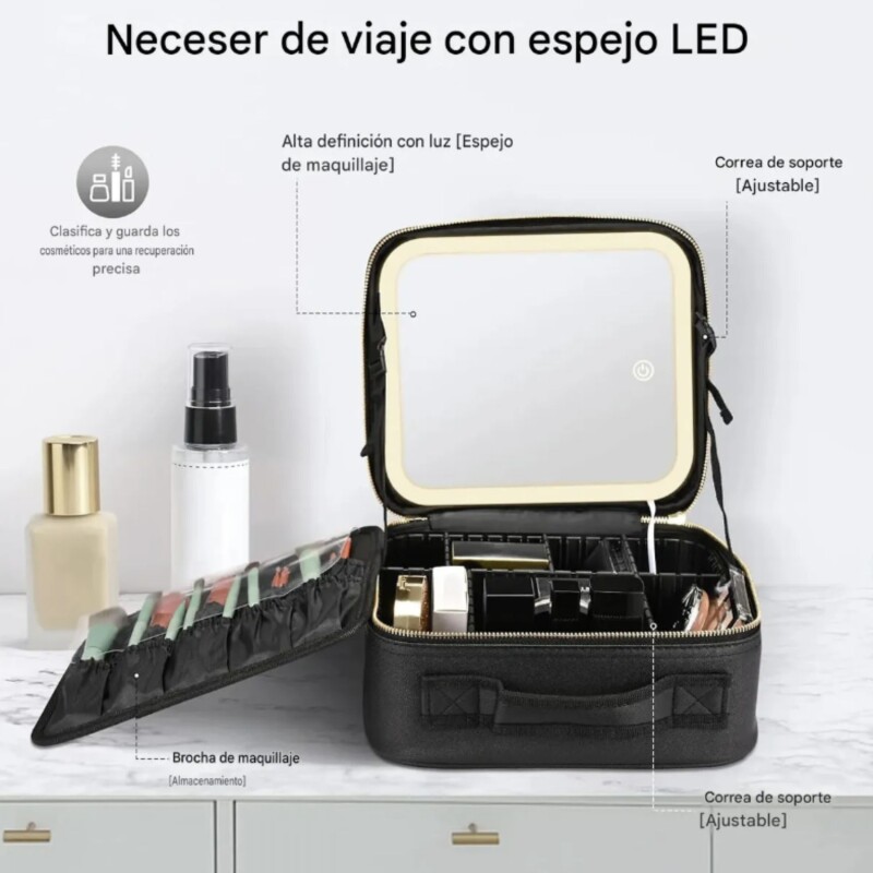 Maletín organizador de Comesticos con Espejo Led Negro Maletín organizador de Comesticos con Espejo Led Negro