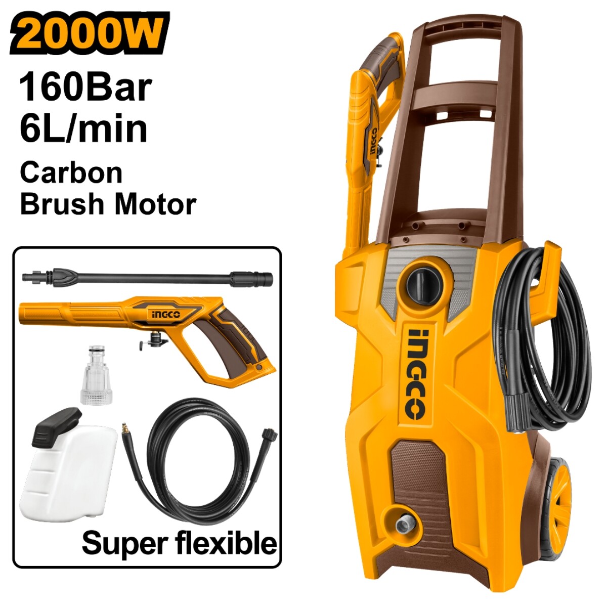 Hidrolavadora 2000W 160BAR Motor a Carbones C/autostop Ingco 