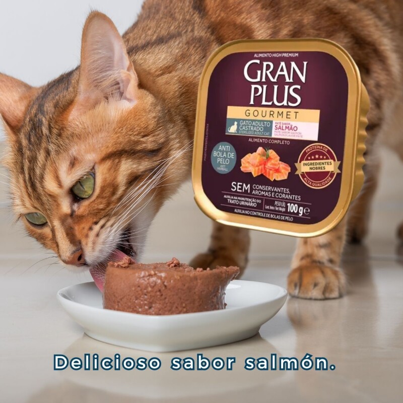 PATE GRAN PLUS GATO CASTRADO ADULTO SALMON ANTI BOLA DE PELO 100 GRS PATE GRAN PLUS GATO CASTRADO ADULTO SALMON ANTI BOLA DE PELO 100 GRS