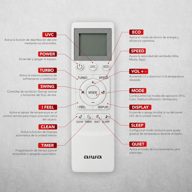 Aire Acondicionado AIWA 12000 BTU con WiFi Inverter Split Frío/Calor Eficiencia A | AW12INV50WF Aire Acondicionado AIWA 12000 BTU con WiFi Inverter Split Frío/Calor Eficiencia A | AW12INV50WF