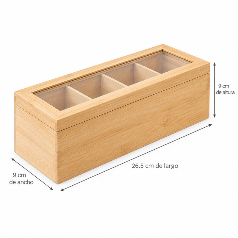 Caja para Sobres de Te con 4 Divisiones de Bamboo 26.5x9xh9cm Caja para Sobres de Te con 4 Divisiones de Bamboo 26.5x9xh9cm