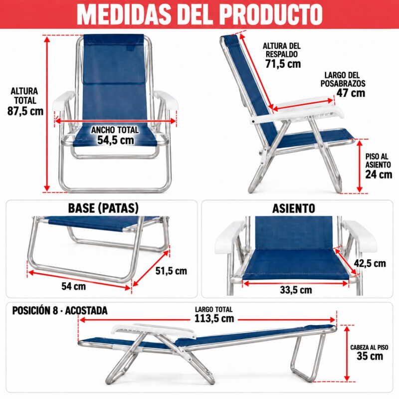 Set X 2 Sillas Reclinables 8 Pos. Alum. Sannet AZUL OSCURO
