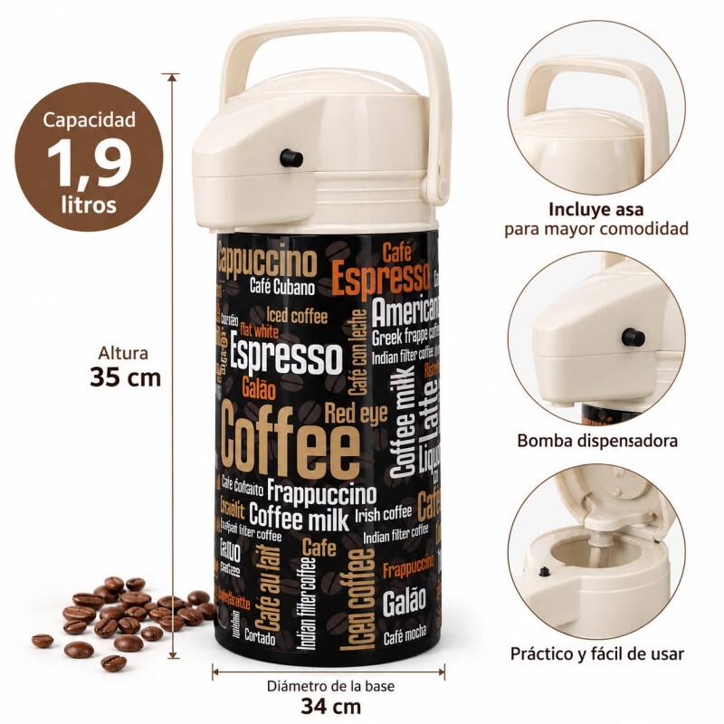 Termo Dispensador para Café 1,9 Litros con Fuelle Dispensador Negro
